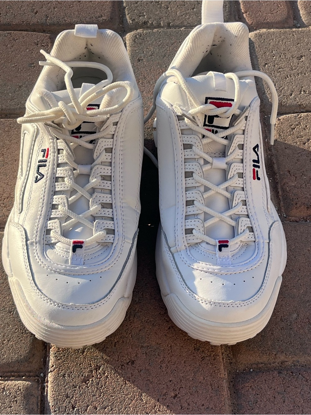 Fila Women White disruptor Sneakers with Red & Navy Logo Accents